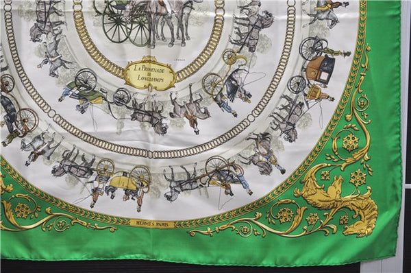 Authentic HERMES Carre 90 Scarf "LA PROMENADE DE LONGCHAMPS" Silk Green 0065E