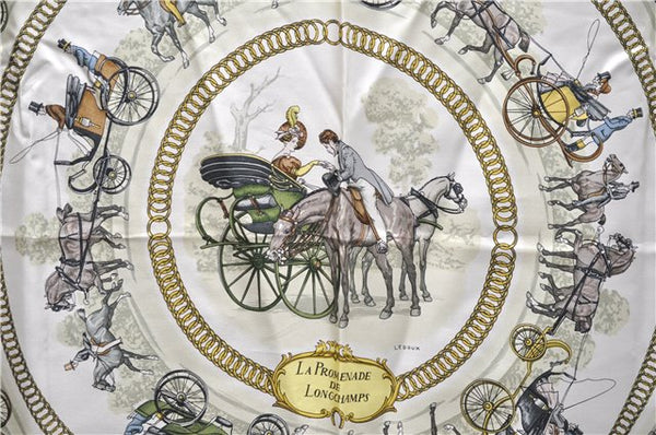 Authentic HERMES Carre 90 Scarf "LA PROMENADE DE LONGCHAMPS" Silk Green 0065E