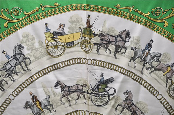 Authentic HERMES Carre 90 Scarf "LA PROMENADE DE LONGCHAMPS" Silk Green 0065E