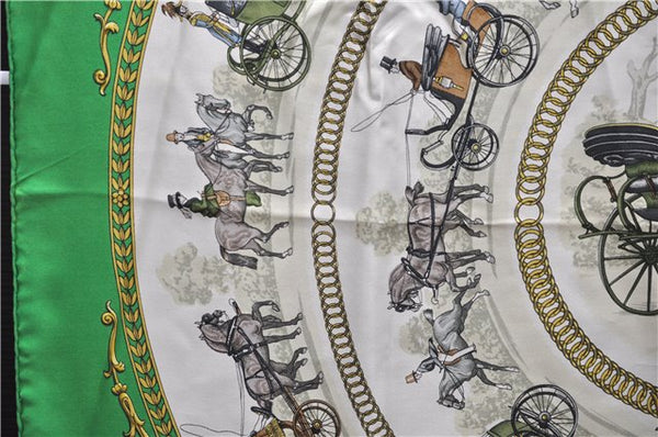 Authentic HERMES Carre 90 Scarf "LA PROMENADE DE LONGCHAMPS" Silk Green 0065E