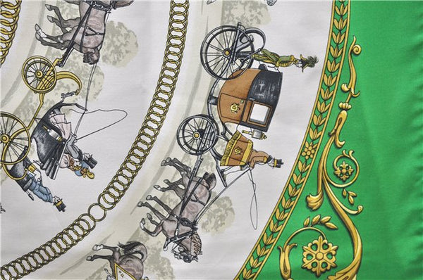 Authentic HERMES Carre 90 Scarf "LA PROMENADE DE LONGCHAMPS" Silk Green 0065E