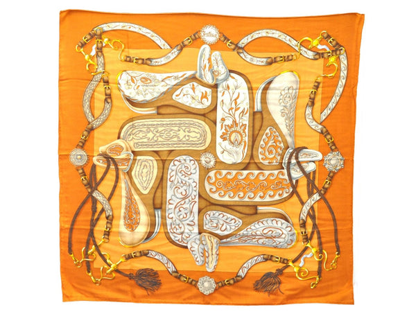 Authentic HERMES Carre Geant 90 Scarf "Festival" Cashmere Silk Brown Box 0066E