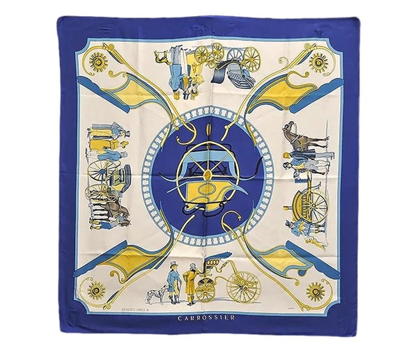 Authentic HERMES Carre 90 Scarf "CARROSSIER" Silk Blue 0067E