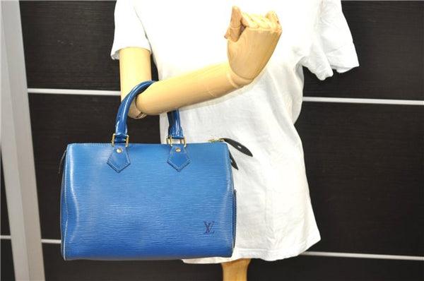 Authentic Louis Vuitton Epi Speedy 25 Hand Bag Purse Blue M43015 LV 0070D