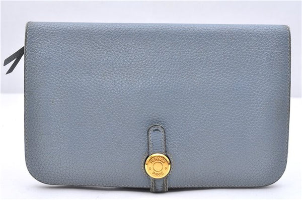 Authentic HERMES Dogon GM Leather Long Wallet Purse Light Blue 0071E