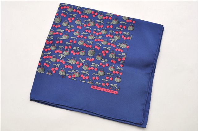 Auth HERMES Petit Carre 40 Scarf Handkerchief Cherry Pattern Silk Navy 0073E