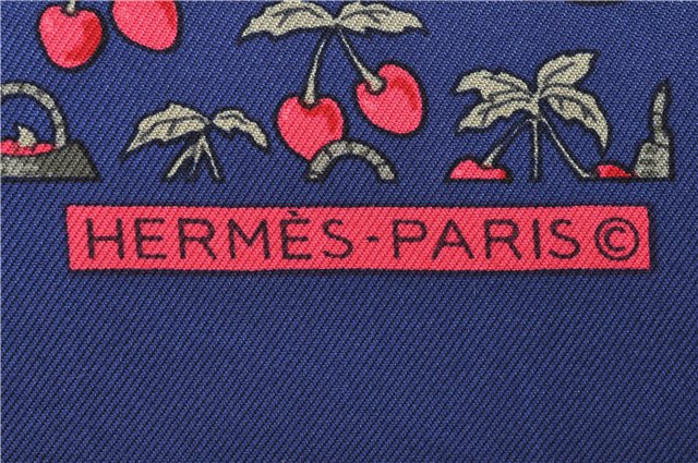 Auth HERMES Petit Carre 40 Scarf Handkerchief Cherry Pattern Silk Navy 0073E