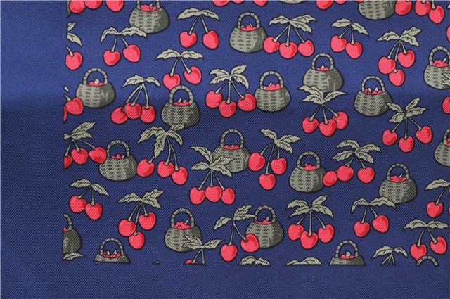 Auth HERMES Petit Carre 40 Scarf Handkerchief Cherry Pattern Silk Navy 0073E