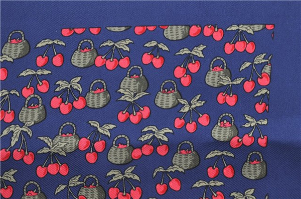 Auth HERMES Petit Carre 40 Scarf Handkerchief Cherry Pattern Silk Navy 0073E