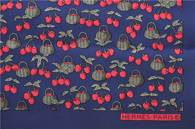 Auth HERMES Petit Carre 40 Scarf Handkerchief Cherry Pattern Silk Navy 0073E