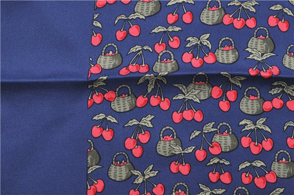 Auth HERMES Petit Carre 40 Scarf Handkerchief Cherry Pattern Silk Navy 0073E