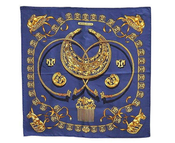 Auth HERMES Petit Carre 40 Scarf Handkerchief "LES CAVALIERS D'OR" Silk 0076E