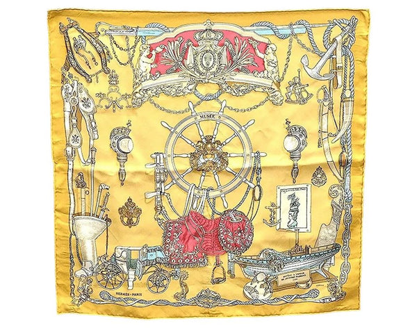 Authentic HERMES Petit Carre 40 Scarf Handkerchief "MUSEE" Silk Yellow 0078E