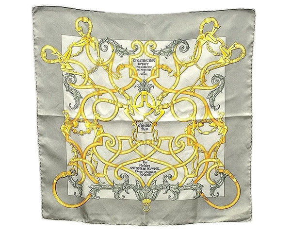 HERMES Petit Carre 40 Scarf Handkerchief "L'INSTRVCTION DV ROY" Silk Gray 0079E