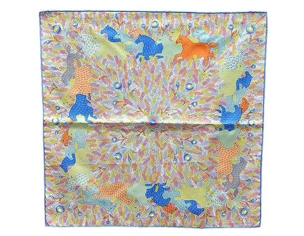 Auth HERMES Petit Carre 40 Scarf Handkerchief Animals Design Silk Blue 0080E