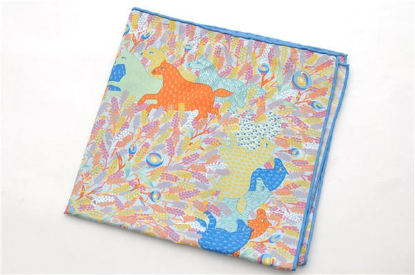 Auth HERMES Petit Carre 40 Scarf Handkerchief Animals Design Silk Blue 0080E