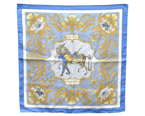 Authentic HERMES Petit Carre 40 Scarf Handkerchief "Cheval Turc" Silk Blue 0081E