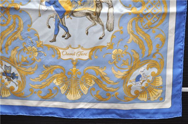 Authentic HERMES Petit Carre 40 Scarf Handkerchief "Cheval Turc" Silk Blue 0081E