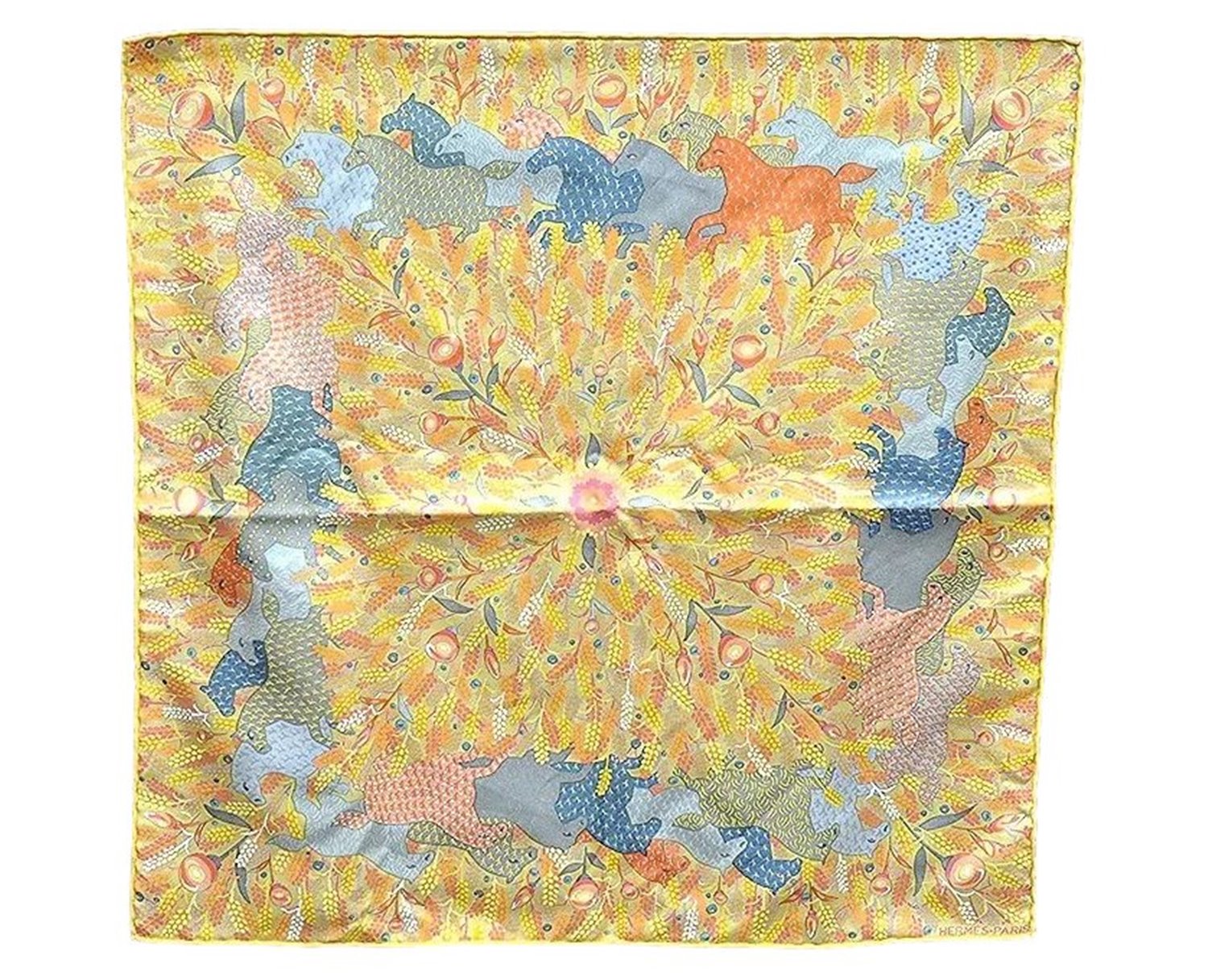 Authentic HERMES Petit Carre 40 Scarf Handkerchief Horse Motif Silk Yellow 0082E