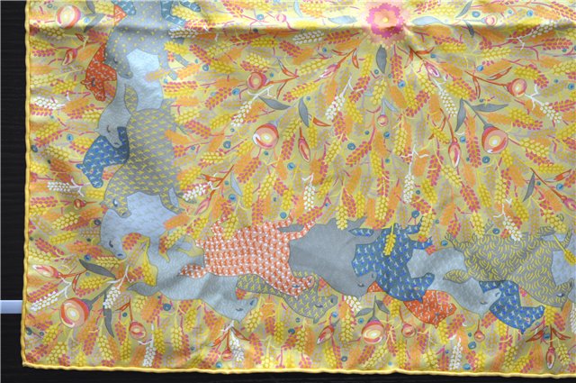 Authentic HERMES Petit Carre 40 Scarf Handkerchief Horse Motif Silk Yellow 0082E