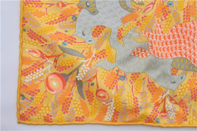 Authentic HERMES Petit Carre 40 Scarf Handkerchief Horse Motif Silk Yellow 0082E