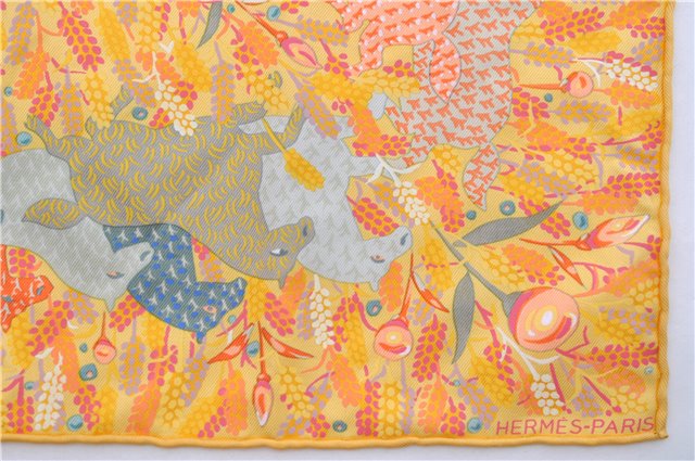 Authentic HERMES Petit Carre 40 Scarf Handkerchief Horse Motif Silk Yellow 0082E