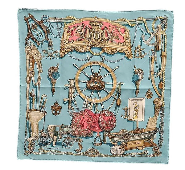 Authentic HERMES Petit Carre 40 Scarf Handkerchief "MUSEE" Silk Light Blue 0084E