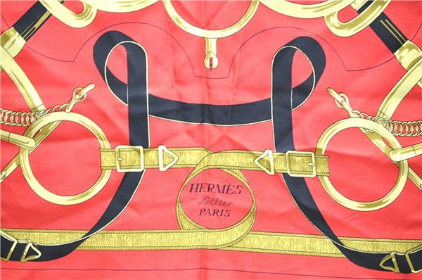 Authentic HERMES Carre 90 Scarf "EPERON D'OR" Silk Red 0087E