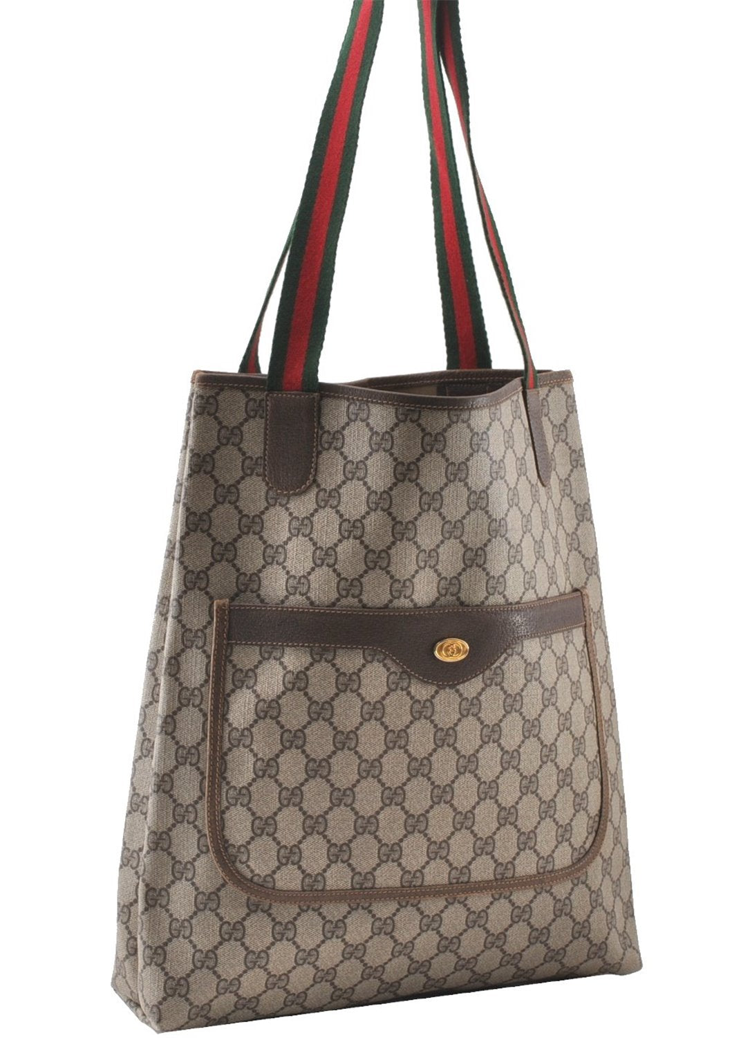 Authentic GUCCI Web Sherry Line Shoulder Tote Bag GG PVC Leather Brown 0109G