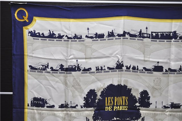 Authentic HERMES Carre 90 Scarf "LES PONTS DE PARIS" Silk Navy 0110D