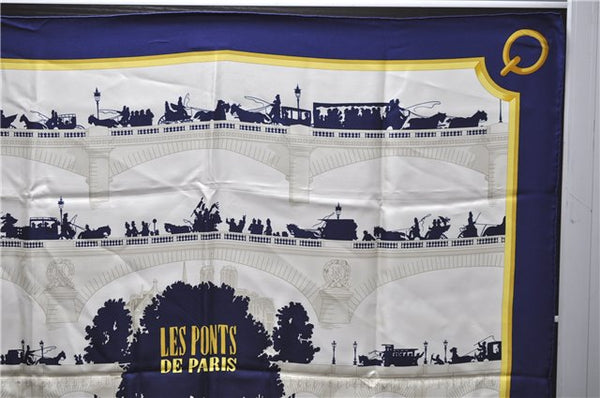 Authentic HERMES Carre 90 Scarf "LES PONTS DE PARIS" Silk Navy 0110D