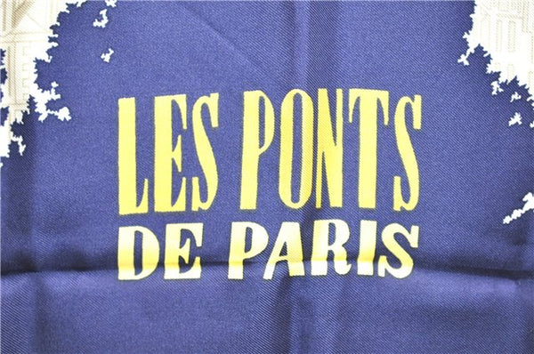 Authentic HERMES Carre 90 Scarf "LES PONTS DE PARIS" Silk Navy 0110D