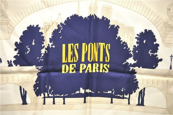 Authentic HERMES Carre 90 Scarf "LES PONTS DE PARIS" Silk Navy 0110D