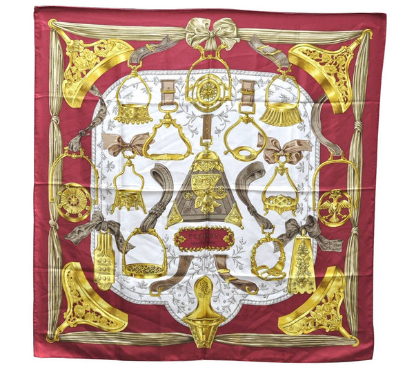 Authentic HERMES Carre 90 Scarf "ETRIERS" Silk Red 0112D