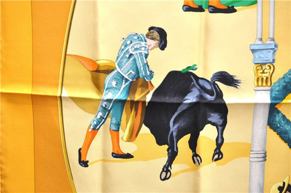 Authentic HERMES Carre 90 Scarf "PLAZA DE TOROS" Silk Orange 0113F