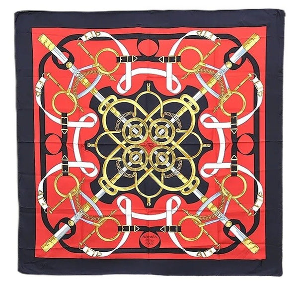 Authentic HERMES Carre 90 Scarf "Eperon D'OR" Silk Navy 0114F