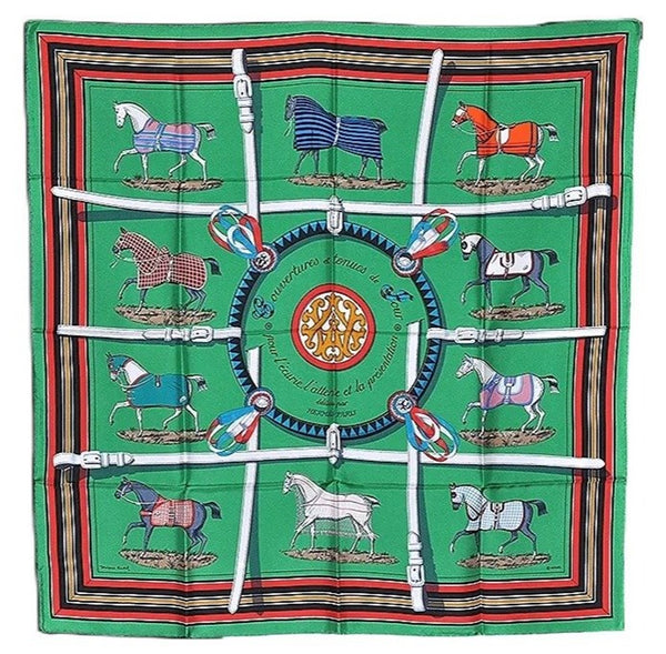 Authentic HERMES Carre 90 Scarf "Couvertures et tenues de Jour" Silk Green 0115F