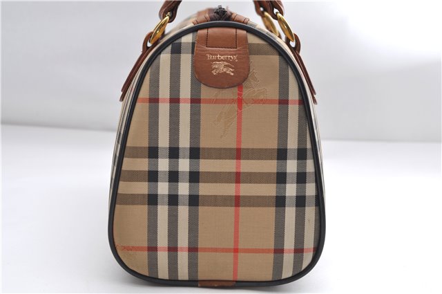 Authentic Burberrys Nova Check Canvas Leather Hand Boston Bag Brown Beige 0118E