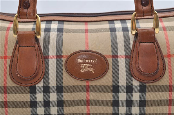 Authentic Burberrys Nova Check Canvas Leather Hand Boston Bag Brown Beige 0118E