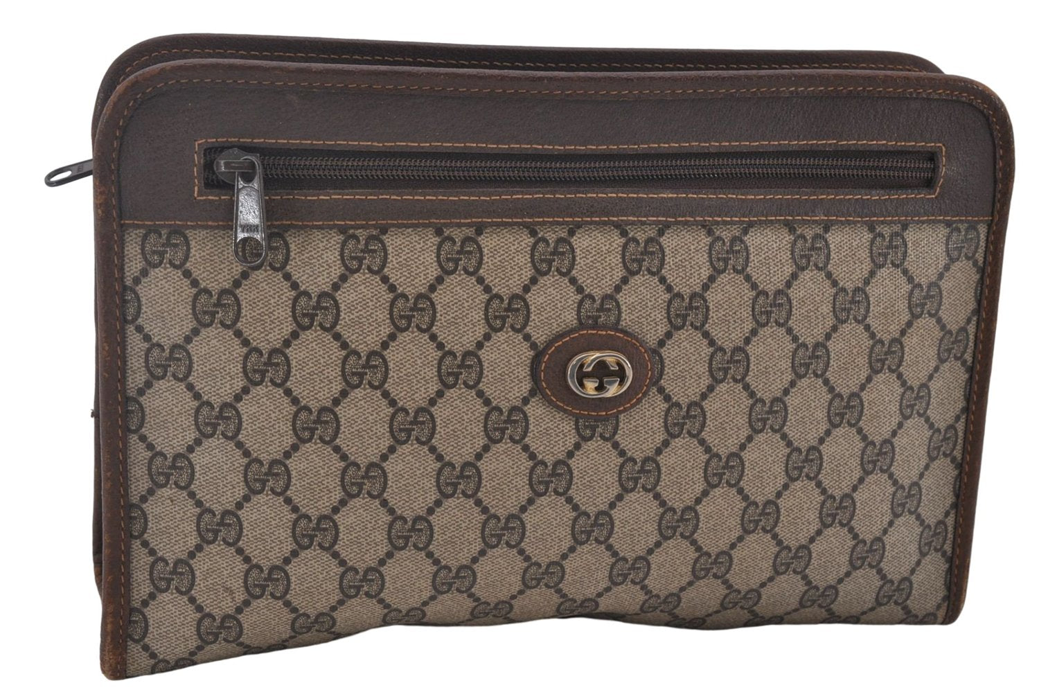 Authentic GUCCI Vintage Clutch Hand Bag Purse GG PVC Leather Brown 0120E