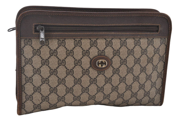 Authentic GUCCI Vintage Clutch Hand Bag Purse GG PVC Leather Brown 0120E