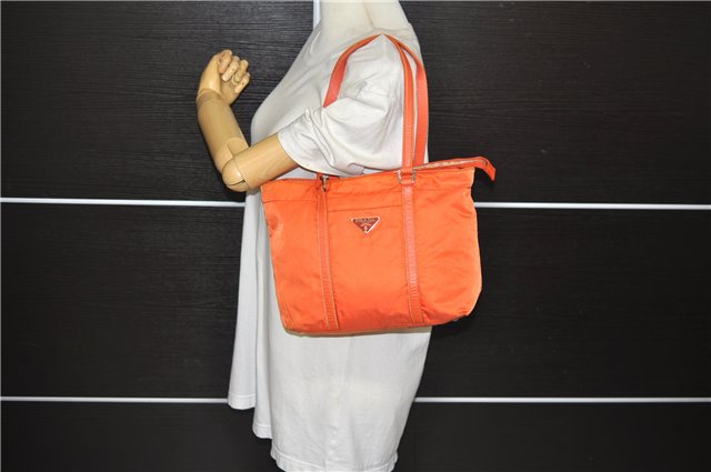 Authentic PRADA Nylon Tessuto Leather Shoulder Tote Bag Purse Orange 0132E