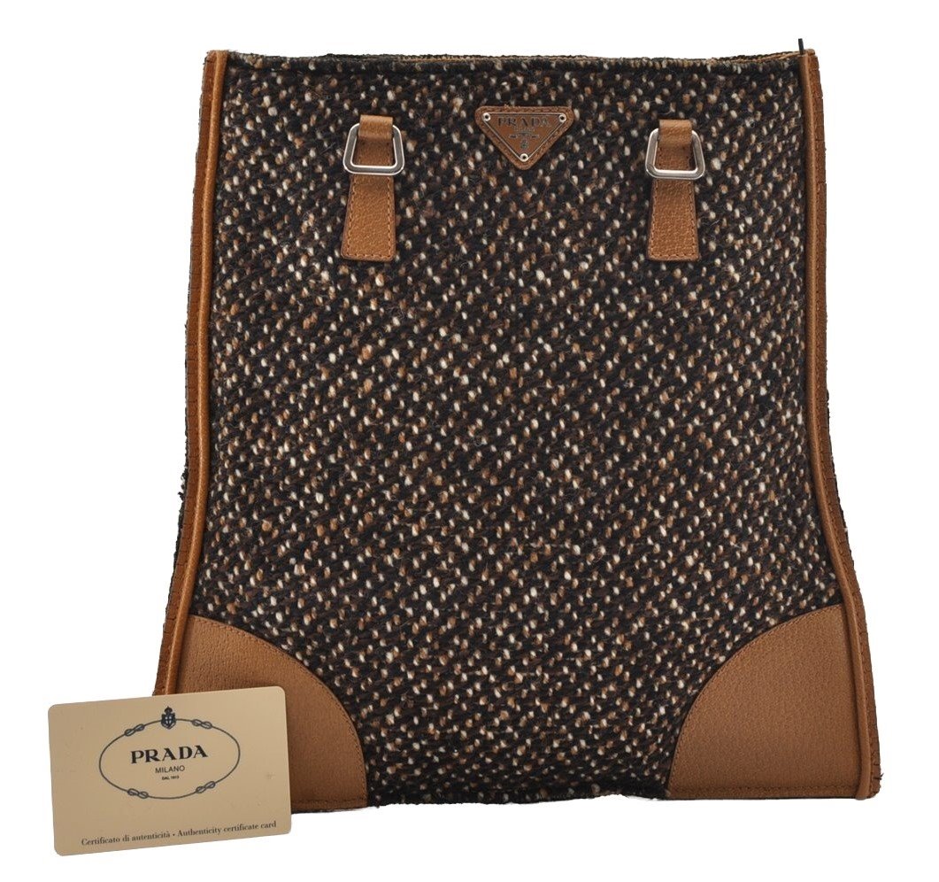 Authentic PRADA Vintage Stuoia Tweed Leather Tote Bag B11268 Brown Junk 0133I