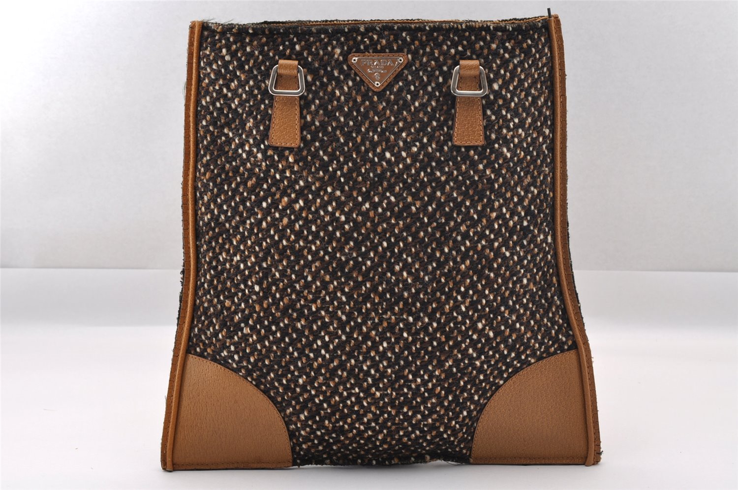 Authentic PRADA Vintage Stuoia Tweed Leather Tote Bag B11268 Brown Junk 0133I