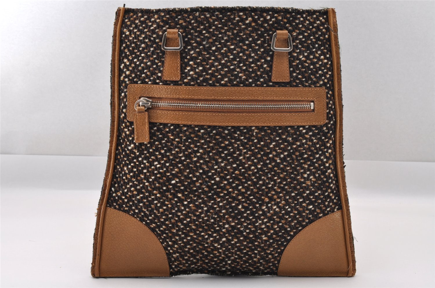 Authentic PRADA Vintage Stuoia Tweed Leather Tote Bag B11268 Brown Junk 0133I