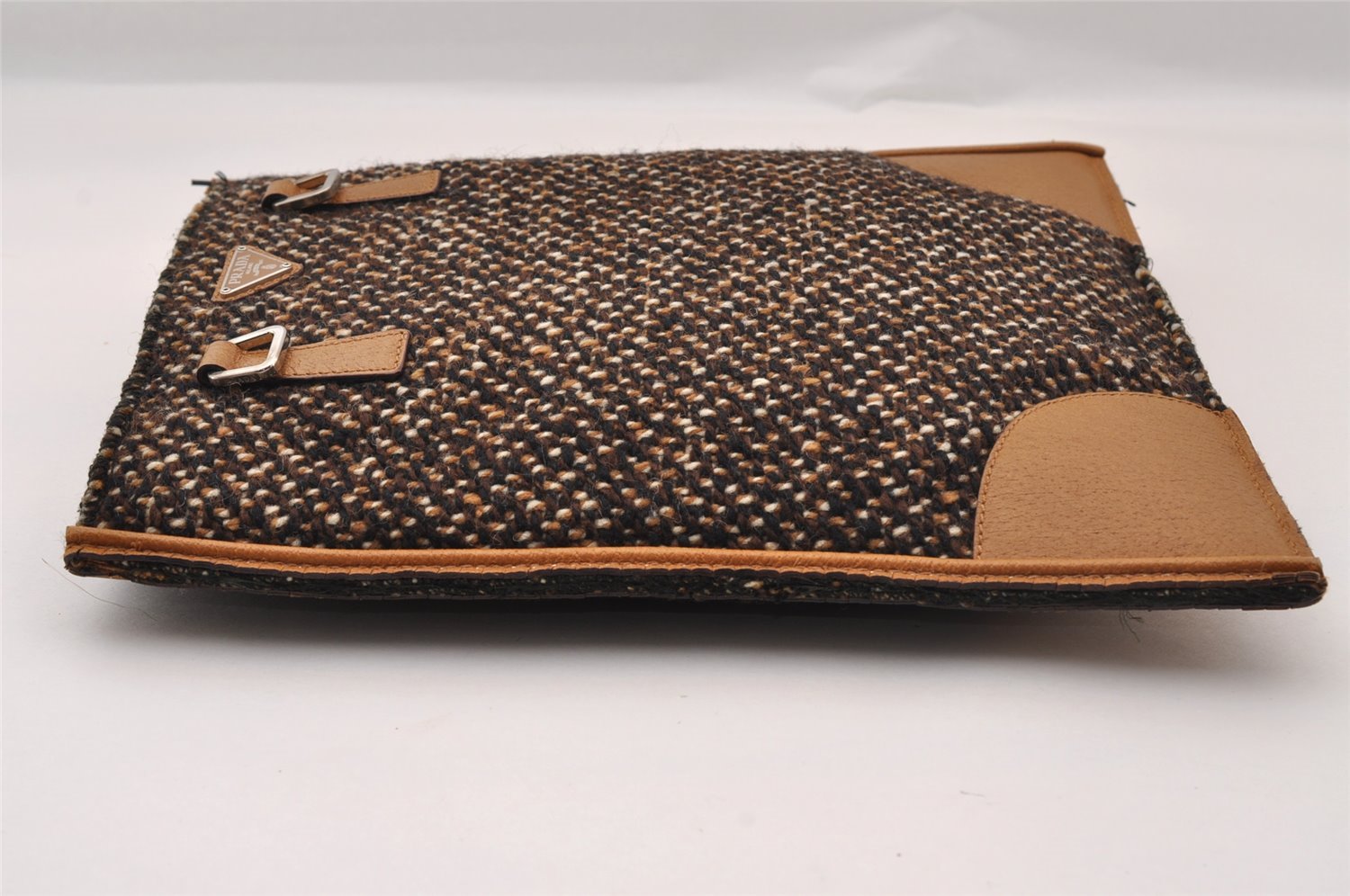 Authentic PRADA Vintage Stuoia Tweed Leather Tote Bag B11268 Brown Junk 0133I