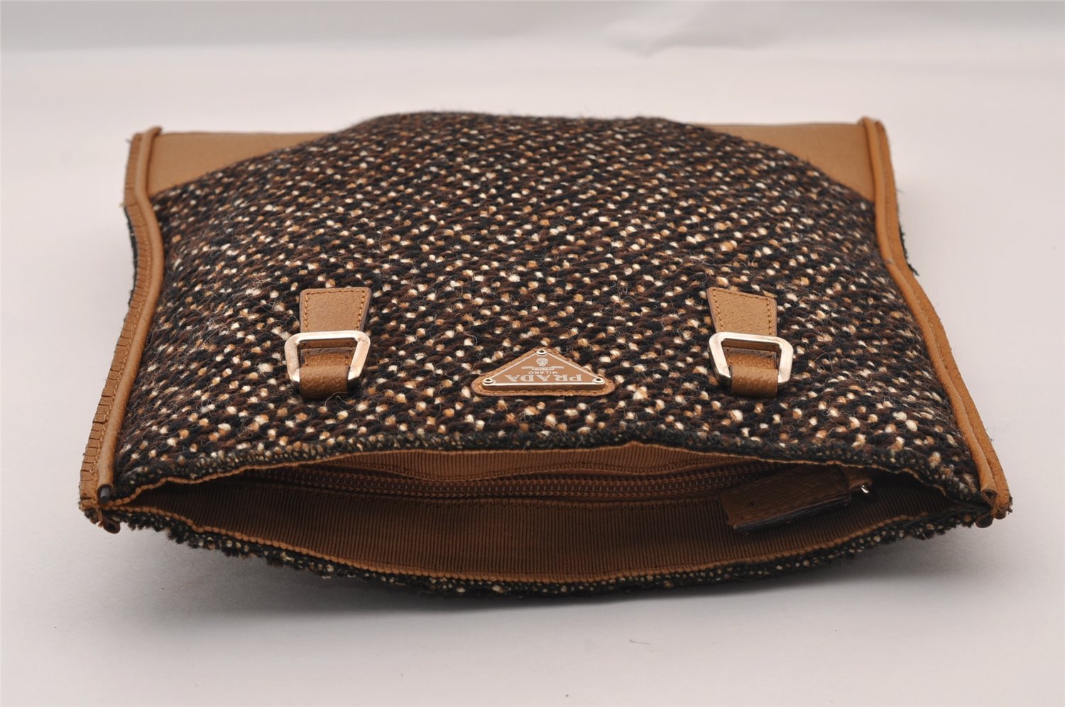 Authentic PRADA Vintage Stuoia Tweed Leather Tote Bag B11268 Brown Junk 0133I
