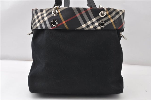 Authentic BURBERRY BLUE LABEL Check 2Way Tote Bag Canvas Leather Black 0137G