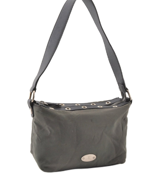 Authentic CELINE Vintage Shoulder Hand Bag Purse Nylon Leather Khaki Green 0139G