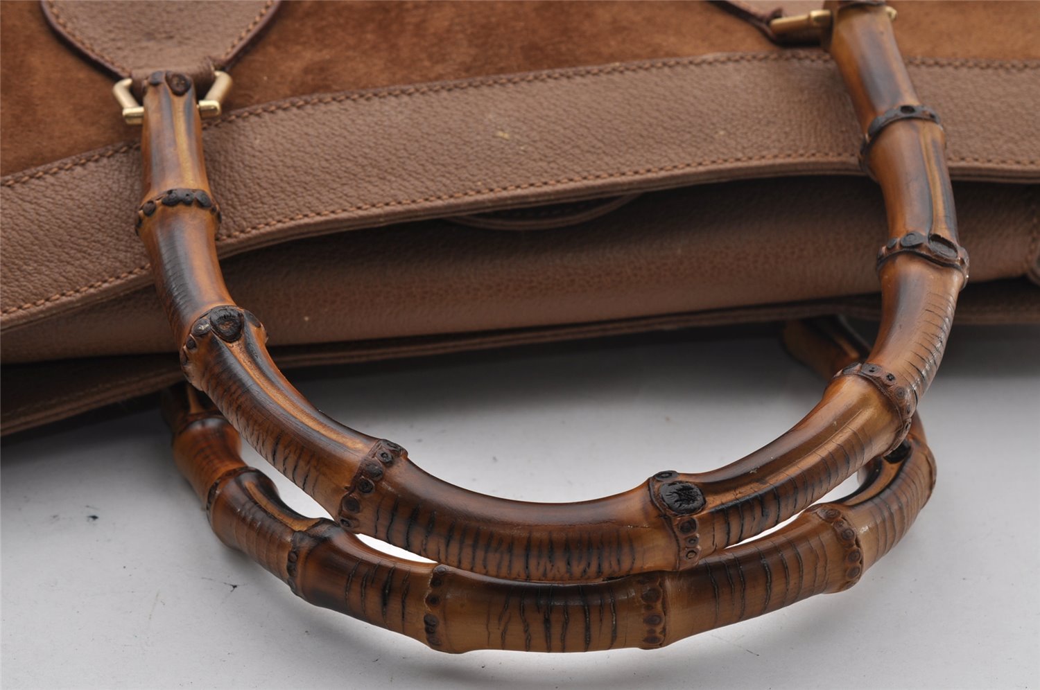Authentic GUCCI Vintage Bamboo Hand Bag Suede Leather Brown Junk 0139I